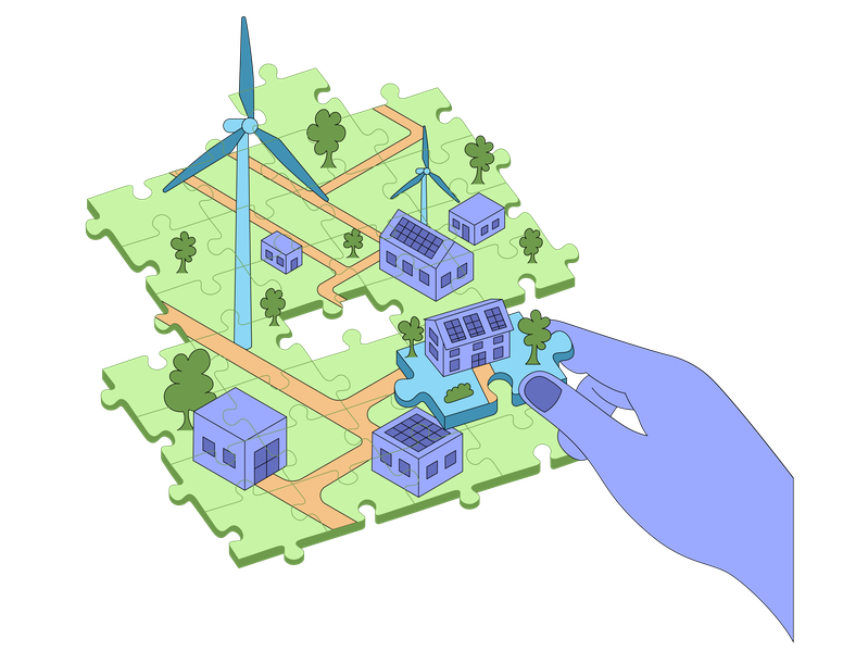 Illustration einer nachhaltigen, windbetriebenen Stadt aus Puzzleteilen